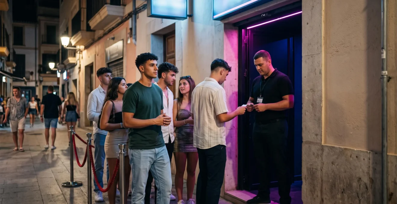 Un gruppo di giovani in abiti estivi aspetta in fila davanti all'ingresso di una discoteca di notte in Spagna.
