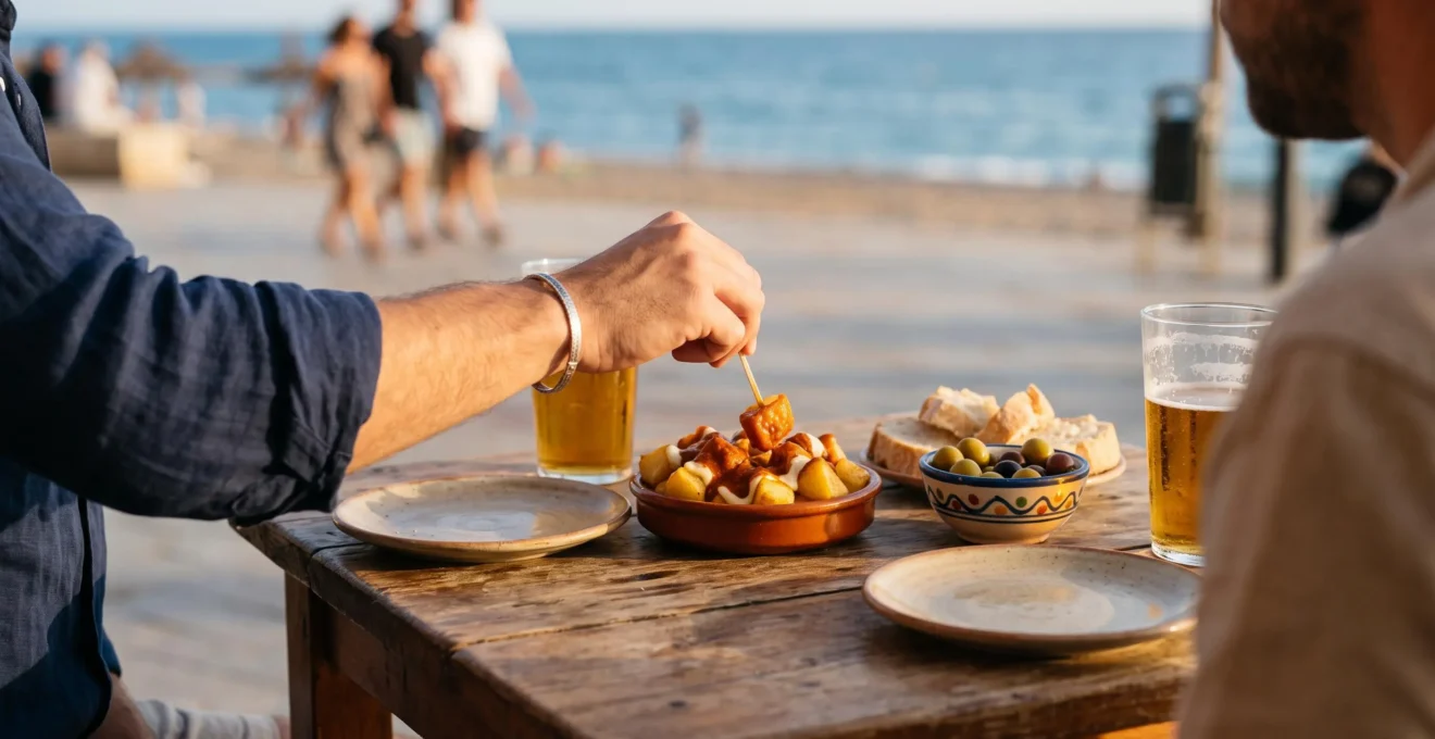Due mani condividono piatti di tapas su un tavolo di legno all'aperto, con il mare sfocato sullo sfondo.